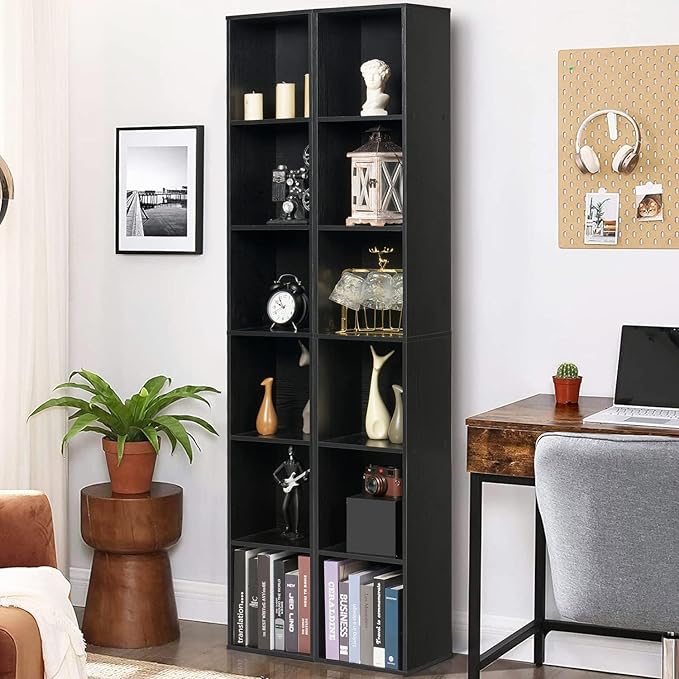 Narrow Bookshelf & Bookcase Set of 2, 6-Tier Floor Standing Open Book Shelf, Modern Corner Bookshelf with Storage Space, 71.5" Tall Bookshelves for Bedroom, Living Room and Office, Black