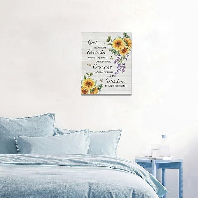 Serenity Prayer Wall Decor Christian Religious Sunflower Pictures Inspirational Bible Verses Scripture Canvas Wall Art God Painting Home Modern Artwork Framed for Living Room Bedroom Office 16x20inch