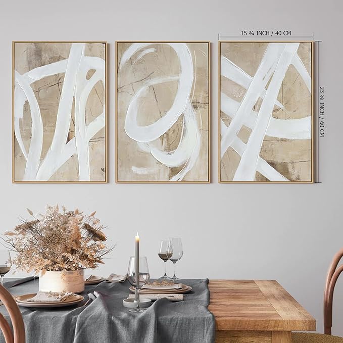 Zessonic Neutral Abstract Wall Art Minimalist White Brown Pastel Paint Strokes Shapes Textured Framed Wall Decor Artwork Canvas Paintings- Living Room Bedroom Office Modern Neutral 16"x24" 3 piece