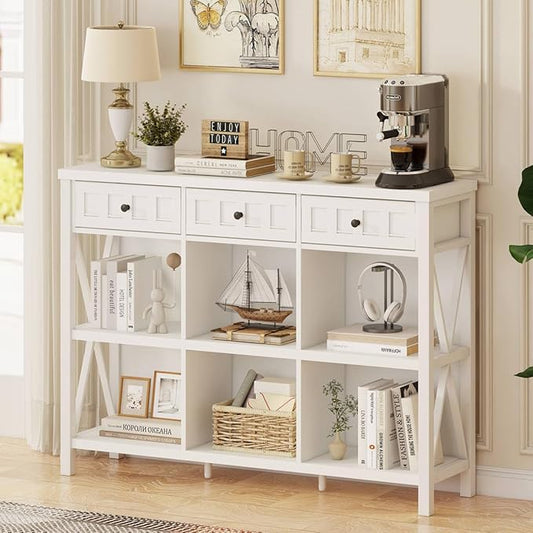FATORRI 6 Cube Storage Organizer Bookshelf with 3 Drawers, 47 Inch Long Horizontal Bookshelf, Modern Wood Short Book Shelf. Low Cube Bookcase for Living Room, Home Office, Entryway (White Oak)