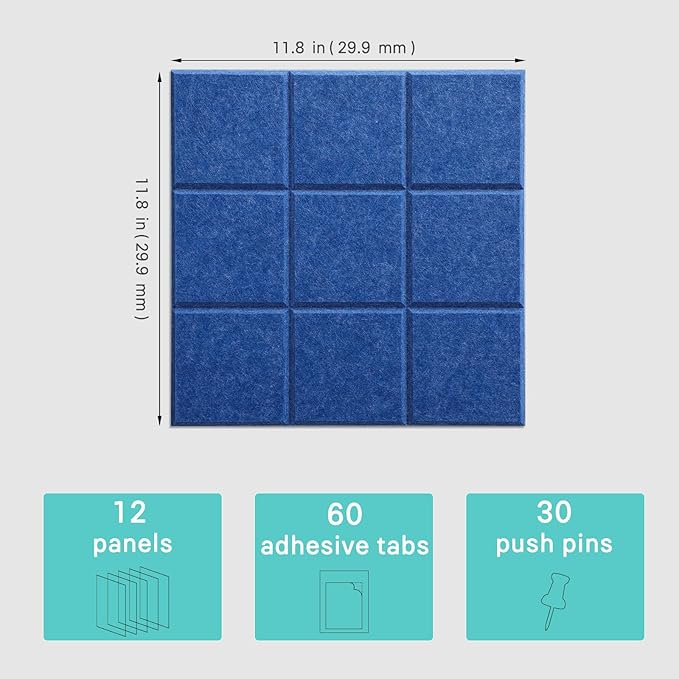 Large Cork Board, 12 Pack Felt Wall Tiles with Safe Removable Adhesive, Bulletin Board for Office, Pin Tack Corkboard for Quilting Design & Dart Wall Protector 48" x 36" - Blue