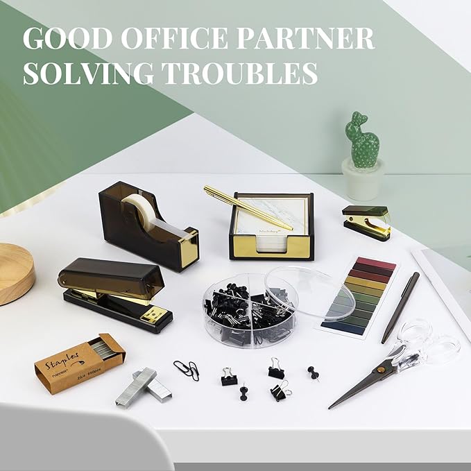 MultiBey Black Gold Acrylic Sticky Notes Holder Stapler and Tape Dispenser Cutter with Sticky Notes, 950 Staples & Tape, Staple Remover, Scissor, Ballpoint Pen, Paper Clips Set for Women Office Home