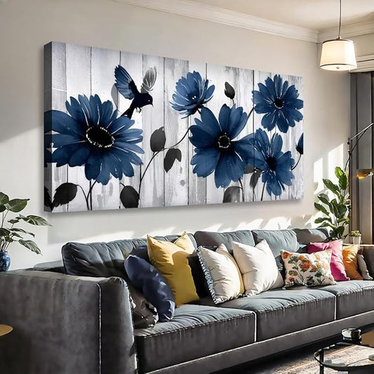 Wall Art Blue Floral Canvas Wall Art Modern Daisy Print with Bird Living Room Decor Gray Wooden Board Background Framed Office Home Decor Size 24 x 48 in