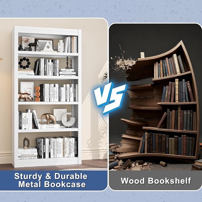 White Bookshelf，6-Tier Bookcase with Adjustable Storage Shelves，Metal Bookshelf with Book Stopper for Living Room, Home Office, Library