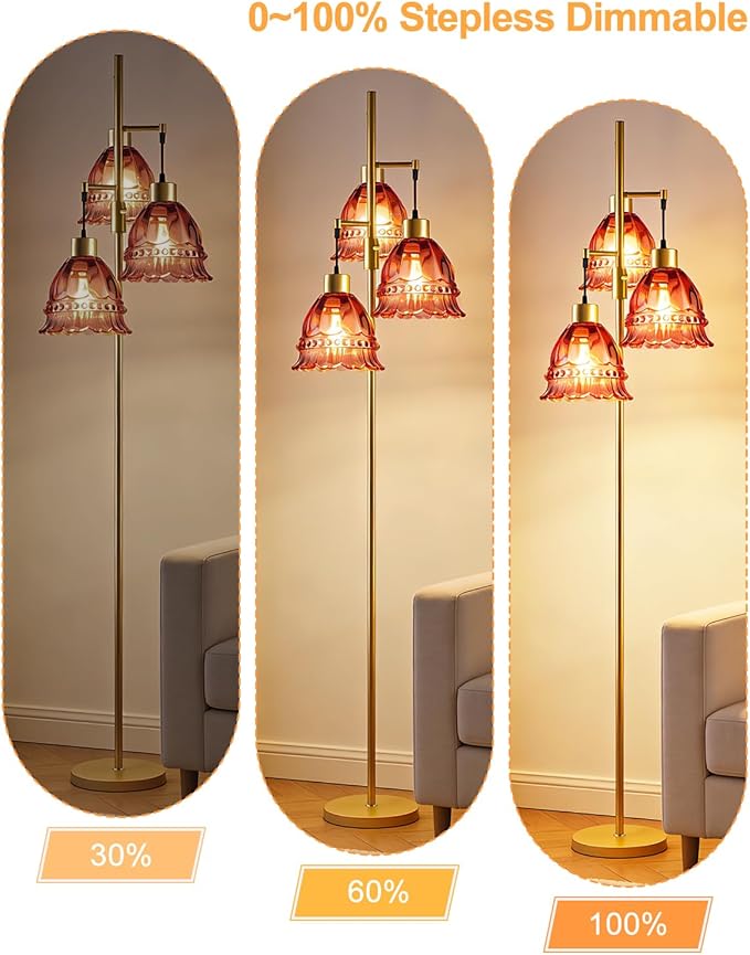 Lightdot 3-Lights Glass Floor Lamp Dimmable Gold Floor Lamp with Deep Red Glass Shade 3000K Bulbs Included Unique Modern Standing Tall Lamp for Living Room/Bedroom/Sofa Beside/Corner Decor