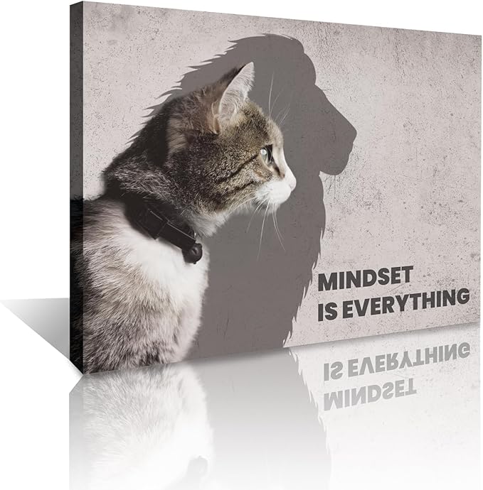 Inspirational Wall Art Framed Canvas 12 x 16 in MINDSET IS EVERYTHING (Cat) - Motivational Entrepreneur Positive Quotes Wall Arts Decor for Home Office Bathroom Bedroom Kitchen Classroom Gym