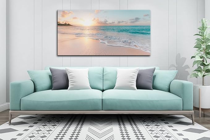 Beach Canvas Wall Art - Sunset Ocean Picture Green Nature Seascape Painting Print for Kitchen, Bedroom, Living Room Decoration, Large Coastal Artwork Poster for Wall Decor 20"x40"