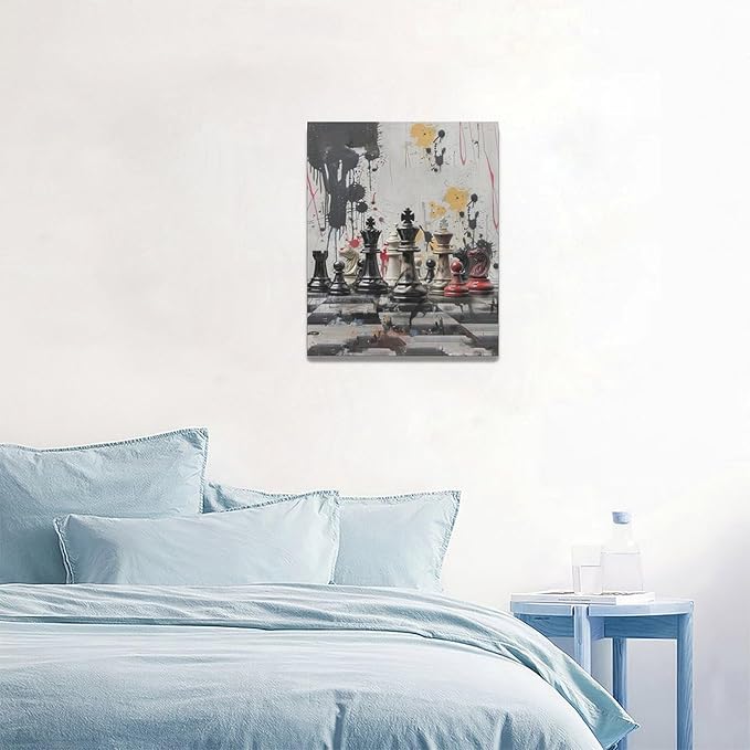 Chess Wall Art Intelligence Game Room Pictures Wall Decor Graffiti Chess Challenge Canvas Painting Print Home Modern Artwork Decorations Framed for Bathroom Living Room Bedroom Office 16 x 20 inch