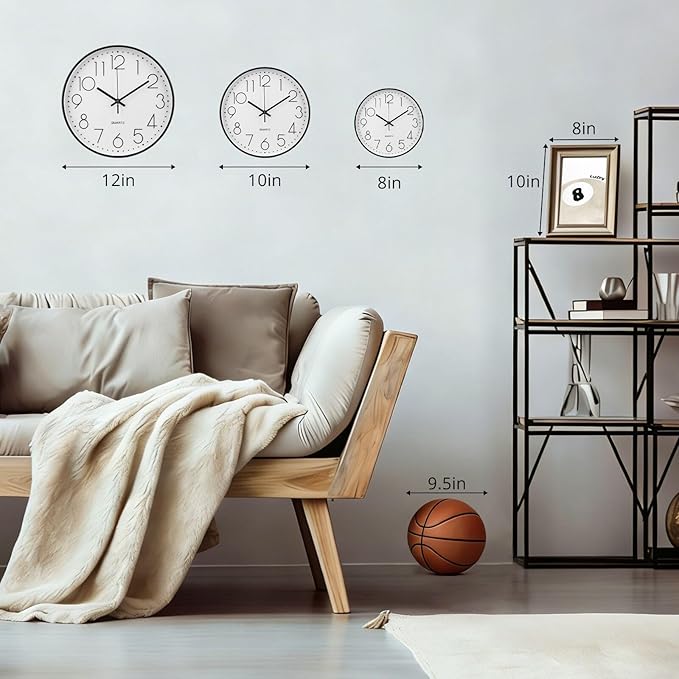 Wall Clock 10 Inch Non-Ticking Silent Modern Simple Style Round Decor Clock Silver Stereoscopic Dial Quartz Wall Clocks for Home/Office/School/Living Room/Bedroom/Kitchen
