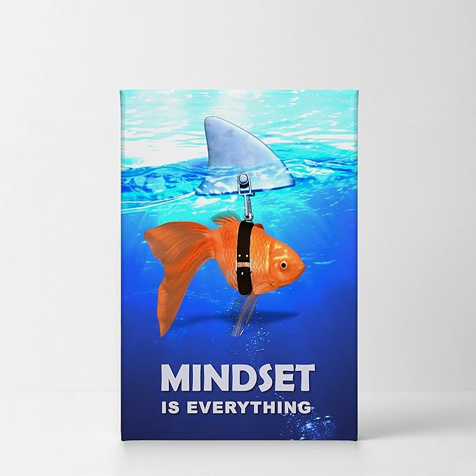 Smile Art Design Mindset is Everything Fish vs Shark in Ocean Motivational Wall Art Canvas Print Inspirational Wall Art Entrepreneur Quote Office Living Room Decor Gift Ready to Hang 28x19