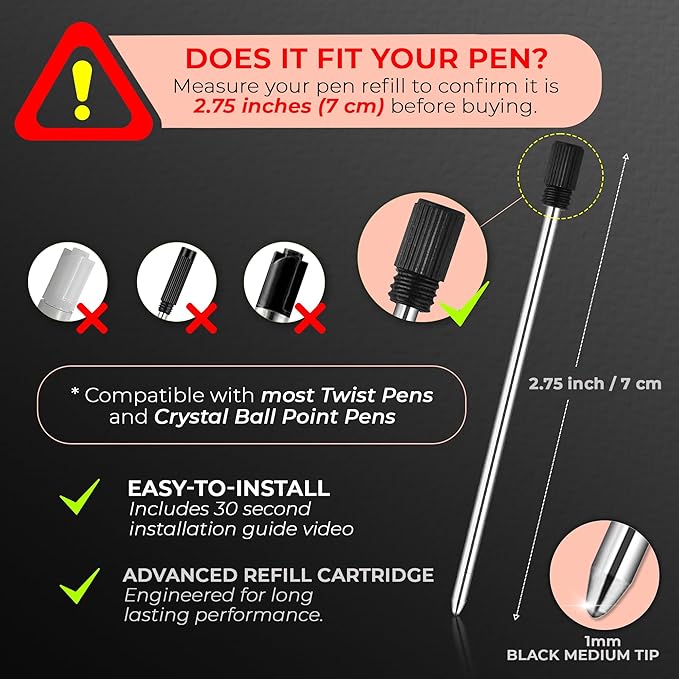 MESMOS Ballpoint Pen Refills 2.75inch (7cm) Pen Refills 1.0mm Medium Tip,Pen Replacement Cartridges Twist Pens and Crystal Ball Point Pens, fits The Mesmos Glorious Pen Set (Black Ink)