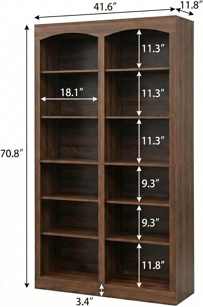 71" Tall Bookcase, Double Wide Rustic Brown Bookshelf with Arched Design, 12-Tier Open Wood Display Shelf Storage Organizer for Living Room, Home Office (41.6" W x 70.8" H)