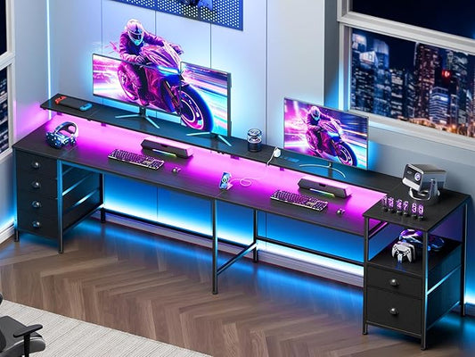Furologee 95" Two Person Computer Gaming Desk, Long 2 Person Home Office Desk with 6 Drawers & Storage Shelves, Double Table with Power Outlets, LED Lights and Full Monitor Shelf, Black