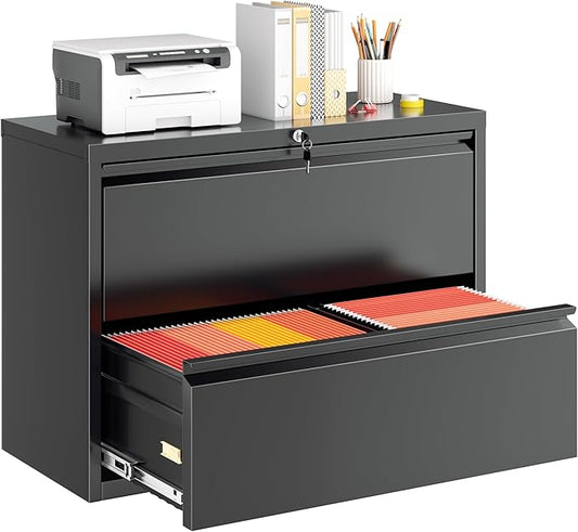Greenvelly Lateral File Cabinet 2 Drawer, Black File Cabinet with Lock, Lockable Metal Filing Cabinet for Home Office, 2 Drawer File Cabinet for Legal/Letter/A4/F4 Size with Hanging Bars&Key