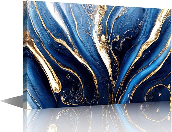 Canvas Wall Art for Living Room Decor Abstract Illustration Printing Blue Gold and White Colors Poster Prints on Canvas for Native Americans 1 Panel Bedroom Wall Decor Framed Ready to Hang 36x24 in