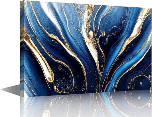 1 Panel Wall Art Decor Abstract Canvas Artwork Digital Art Marbling Texture Picture Blue Gold and White Colors Poster Prints for Men Office Wall Decor Stretched and Framed Ready to Hang 24x16 in