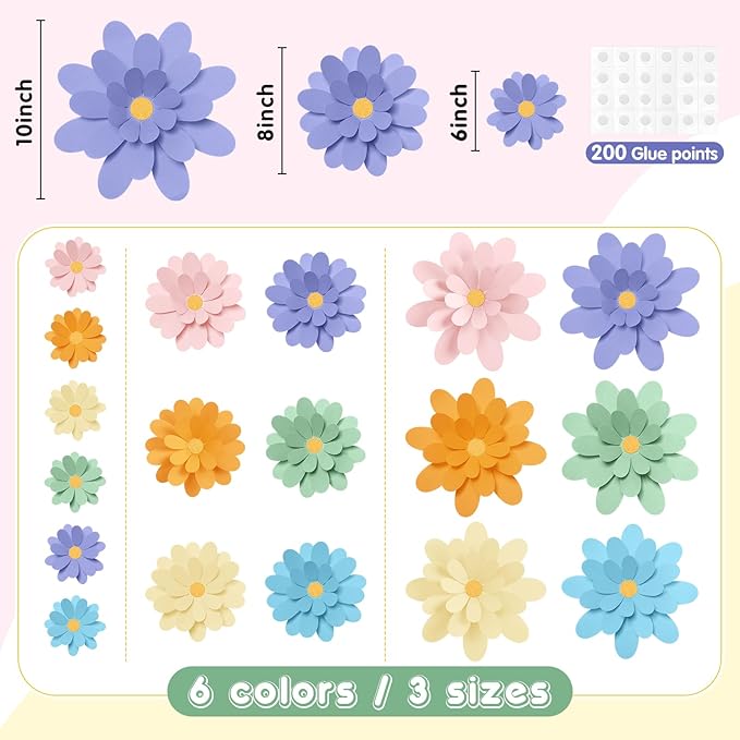 18 Pcs Paper Flowers Decorations for Wall DIY Flower Bulletin Board 3D Fiesta Paper Floral Backdrop Decoration for Photo Backdrop Classroom Back to School Party(Pastel Color)