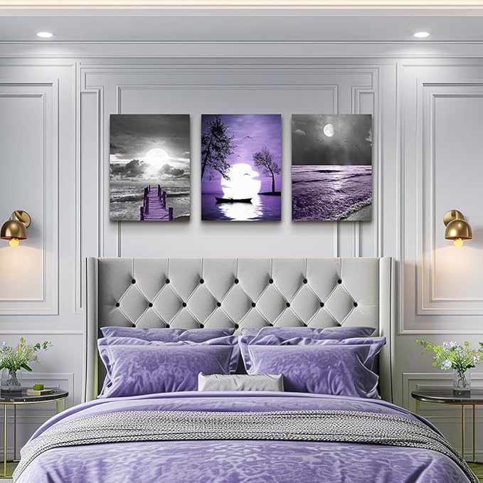 wall decorations for living room 3 Piece framed canvas wall art bathroom artwork for wall painting office bedroom wall decor Black and white ocean purple Landscape modern family Posters home decor