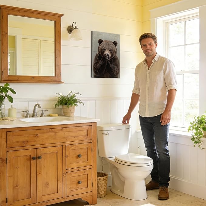 YOUHONG Funny Bear Bathroom Decor with Wooden Frame, Lightweight Bathroom Bear Holding Nose Wall Art Humor Animals Painting for Restroom Toilet,Funny Animals Posters Ready to Hang 16x24 Inches