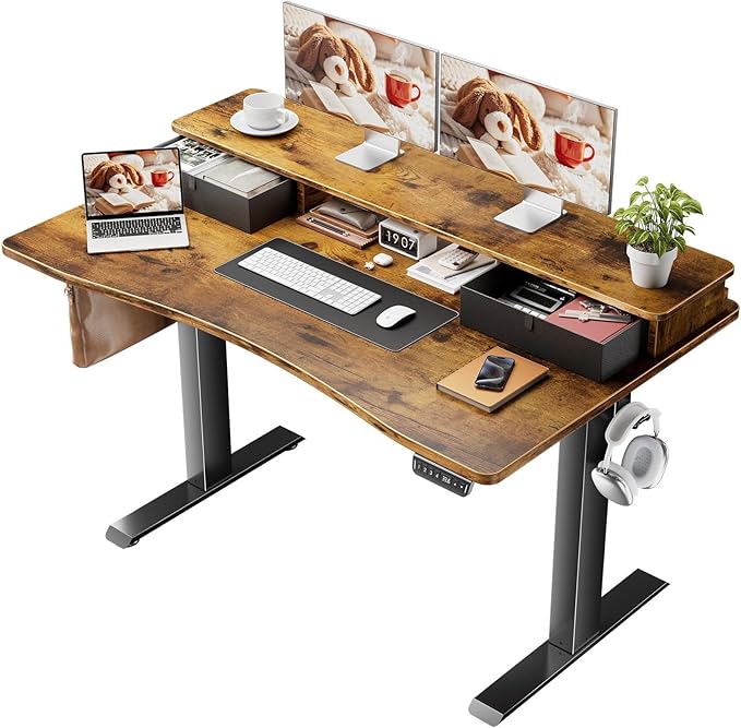 Veken 47.2"×27.6" Standing Desk with Storage Drawers, Adjustable Height Computer Table with Monitor Shelf, Home Office Desk for Study, Gaming, Workstation, Brown