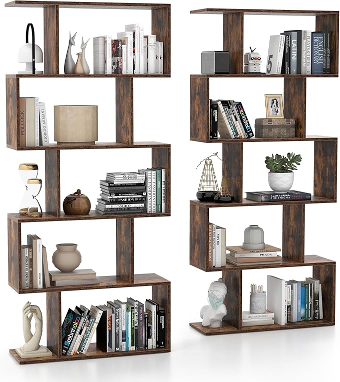 Tangkula 5-Tier Geometric Bookshelf, S Shaped Bookcase w/Anti-Toppling Device, Freestanding Room Divider, Industrial Wood Open Display Shelf for Living Room Home Office (2, Rustic Brown)