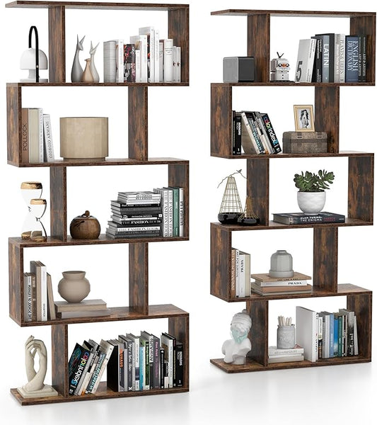 Tangkula 5-Tier Geometric Bookshelf, S Shaped Bookcase w/Anti-Toppling Device, Freestanding Room Divider, Industrial Wood Open Display Shelf for Living Room Home Office (2, Rustic Brown)