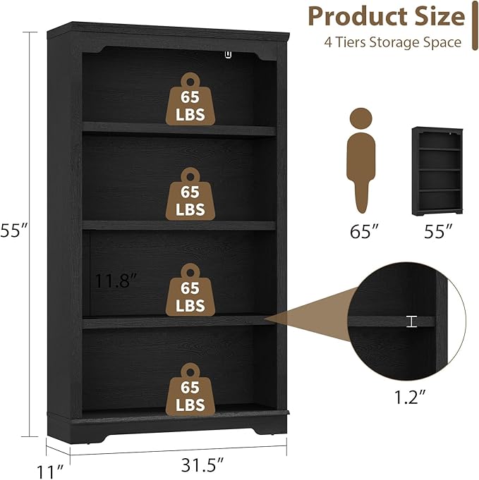 HIFYOBRO 4 Tier Bookshelf, 55 Inches Tall Bookcase, Wooden Book Shelf with Storage, Freestanding Open Display Bookshelves for Study Room, Home Office, Living Room (Black, 4-Shelf)