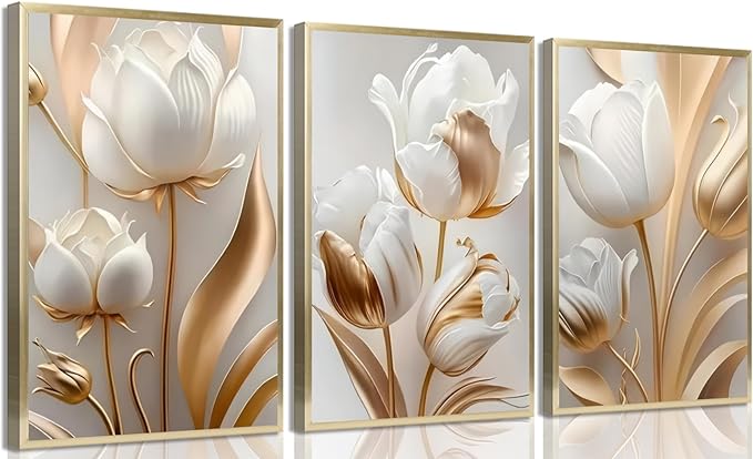 3Pcs Vintage Minimalist Floral Wall Art White Gold Abstract flowers Wall Decor Pictures Modern Luxury Poster Prints tulip Plants Painting Artwork for Office Home Decoration 16x24in
