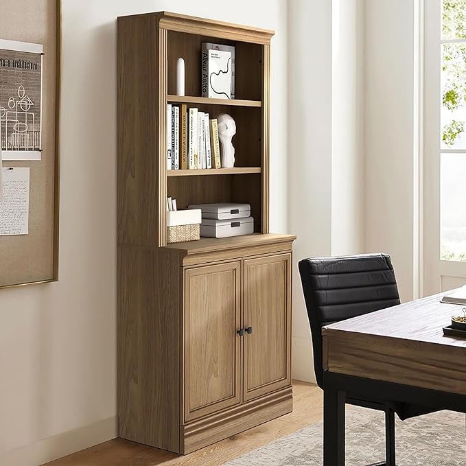 JAHRSTIM Halston Multi-Depth Bookcase, Adjustable Storage Shelving Unit with Doors for Home and Office Space, 31.5”L x 15.75”W x 72.8”H, Oak