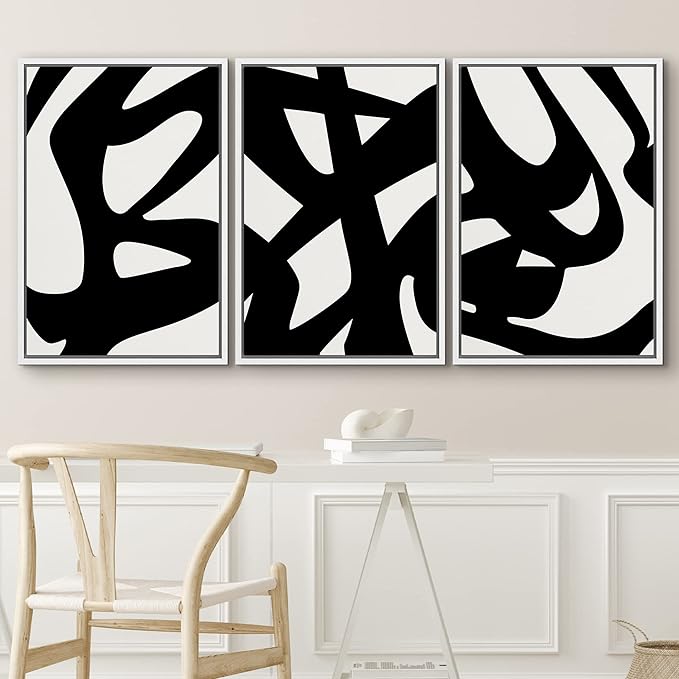 IDEA4WALL Framed Canvas Print Wall Art Set Black White Geometric Graffiti Landscape Abstract Shapes Illustrations Modern Art Decorative Contemporary for Living Room, Bedroom, Office - 16"x24"x3 White