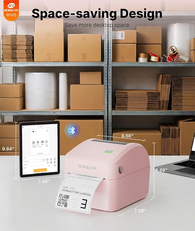 Rongta 4x6 Bluetooth Shipping Label Printer - Thermal Label Printer for Shipping Packages, Small Business, Home, Office, Compatible with Amazon, Tiktok, Etsy, USPS, Commercial Grade, Pink