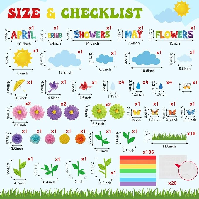 Blosssound Spring Bulletin Board Decorations April Showers Bring May Flowers Decorations 3D Spring Flower Rainbow Cutouts with Paper Flowers Blackboard Wall Decals for School Home Party Decor