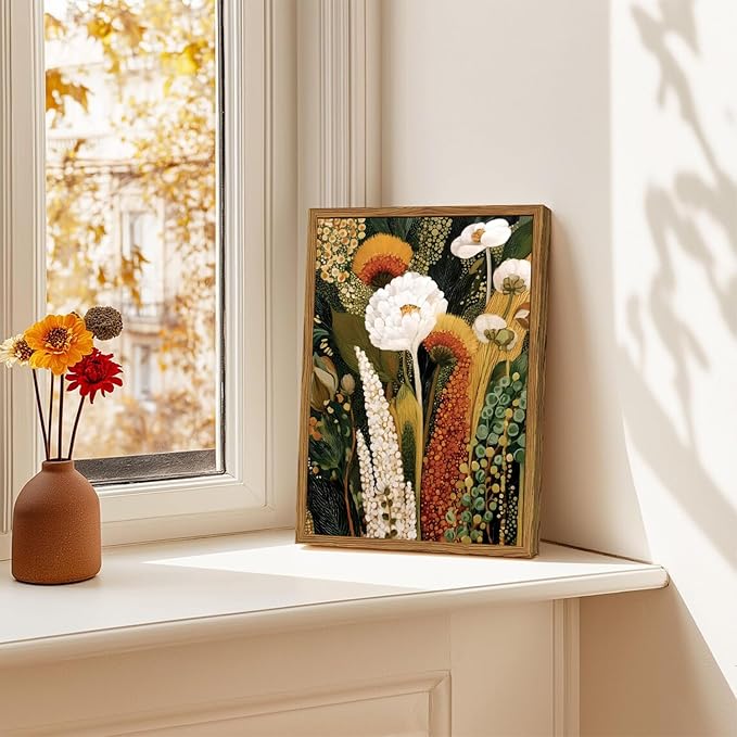 Framed Vintage Floral Canvas Wall Art, Abstract Flower Pictures Wall Decor, Boho Wildflower Botanical Paintings Prints Mid Century Modern Home Decor Aesthetic for Living Room Bedroom 16x24 inch