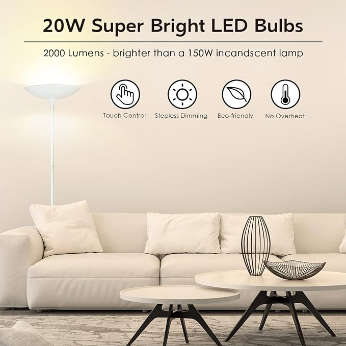BoostArea Floor Lamp, 70.5‘’ Torchiere Standing Lamp, 20W 2000LM LED Halogen Floor Lamp,Stepless Dimmable, Touch Switch, Pole Sky Floor Lamps for Living Room, Standing Lamps for Bedroom, White