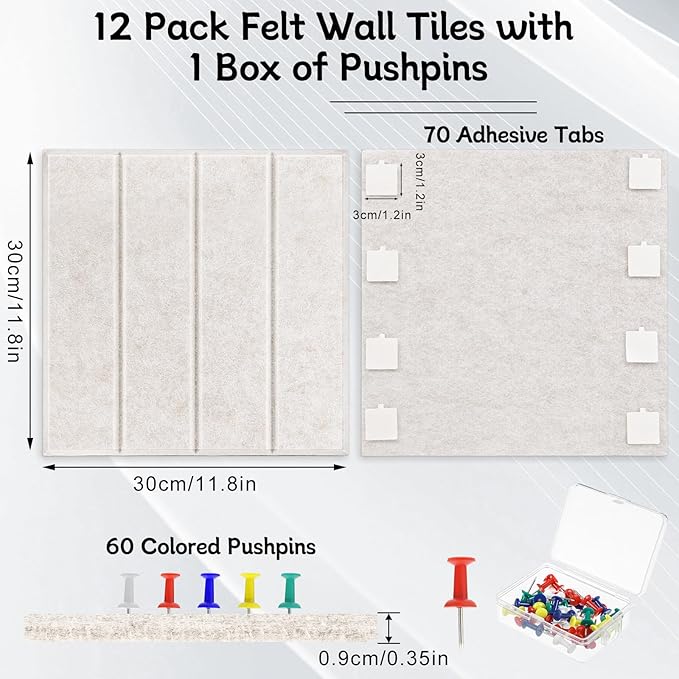 Felt Bulletin Board Tiles 48" x 36", 12-Pack Cork Board for Office, Pin Board with 60 Pushpins Cork Boards for Office Decor Walls Organizer, 70 Adhesive Tabs Included - Oatmeal