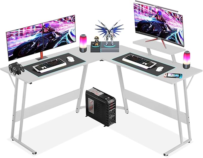 L Shaped Gaming Desk, 50 Inch Corner Desk, Office Computer Desk with Large Monitor Stand for Home Office Sturdy Writing Workstation, Easy to Assemble, White