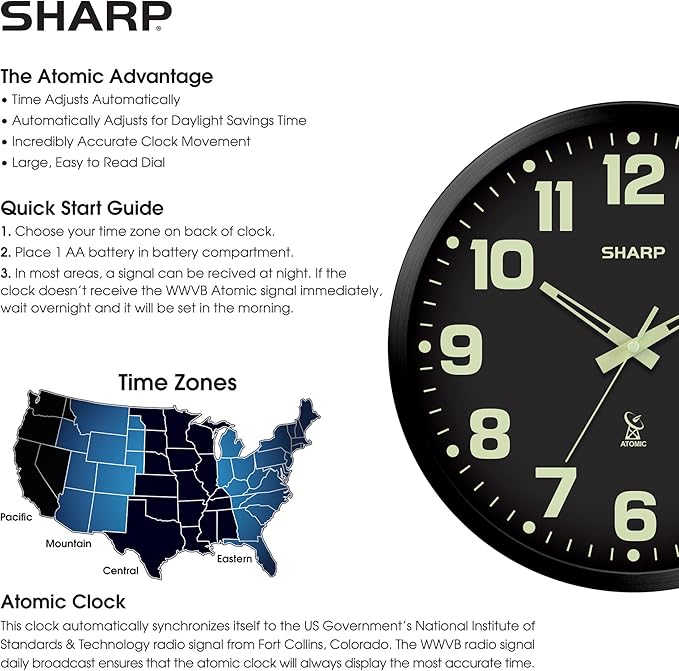 Sharp Glow in the Dark Atomic Analog Wall Clock - 12" Clock with Black Frame - Sets Automatically - Battery Operated - Easy to Read - Easy to Use – See Day or Night!