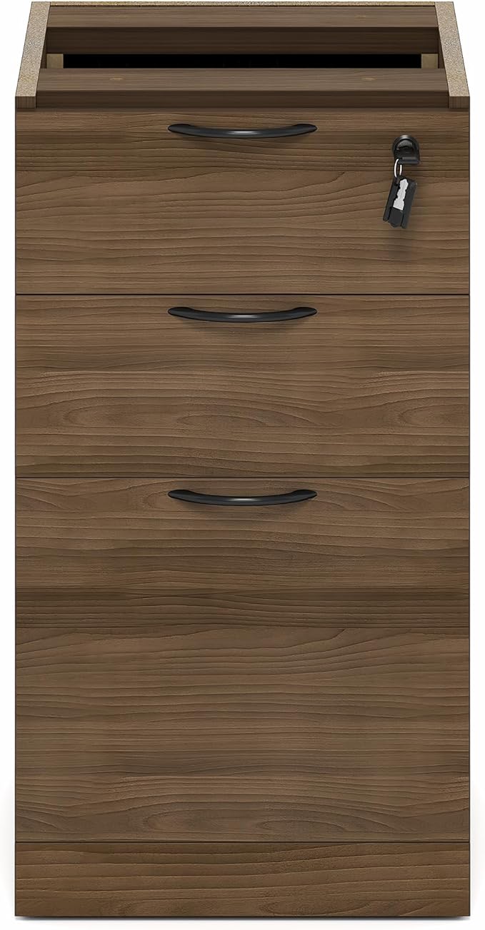 Furinno Roger File Cabinet, 3-Drawer Fixed Pedestal Filing Cabinet with Lock, Soft-Close Drawers with Drawer Organizer, for Home Office, Modern Walnut