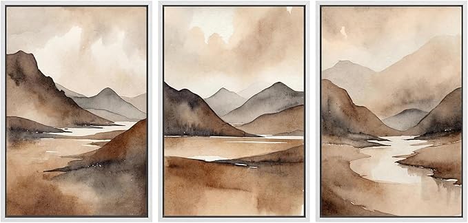 SIGNWIN Framed Canvas Print Wall Art Set Landscape Serene Mountain and River Scene in Warm Earth Tones Illustrations Modern Art Decorative Abstract for Living Room, Bedroom, Office - 24"x36"x3 White