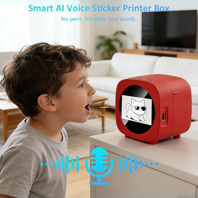 Smart AI Voice Sticker Printer Box, Mini Inkless Thermal Label Maker, AI Sticker Printer Box with Preview Display for Home, School, Office & Creative Organization, Rolls Paper Included (1 Pc)