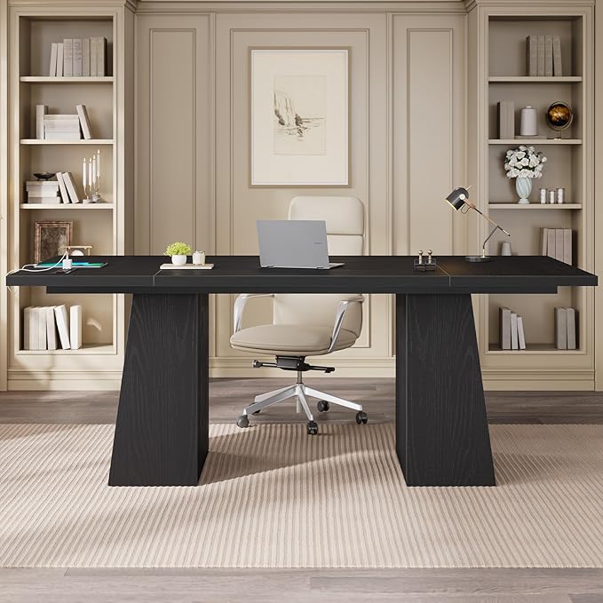 63 in Executive Desk with Power Outlets, Modern Home Office Desk with Storage Cabinet, Wood Computer Desk Business Workstation Desk Conference Table Black