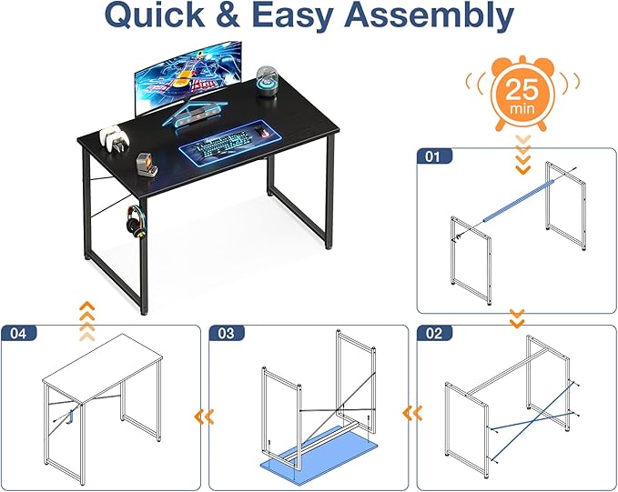 Casaottima 40 Inch Small Computer Desk for Home Office, Study Writing Table for Small Spaces, Simple Modern Desk with Headphone Hooks, Black
