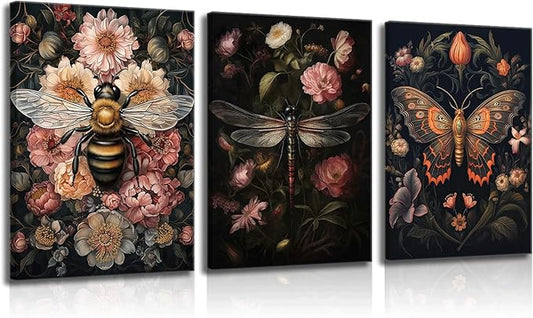 3pcs Dark Floral Canvas Wall Art Vintage Butterfly Dragonfly Bee Painting Picturts Wall Decor Gothic Dark Academia Aesthetic Posters Print Artwork for Bedroom Living Room Home Decoration 12x16in