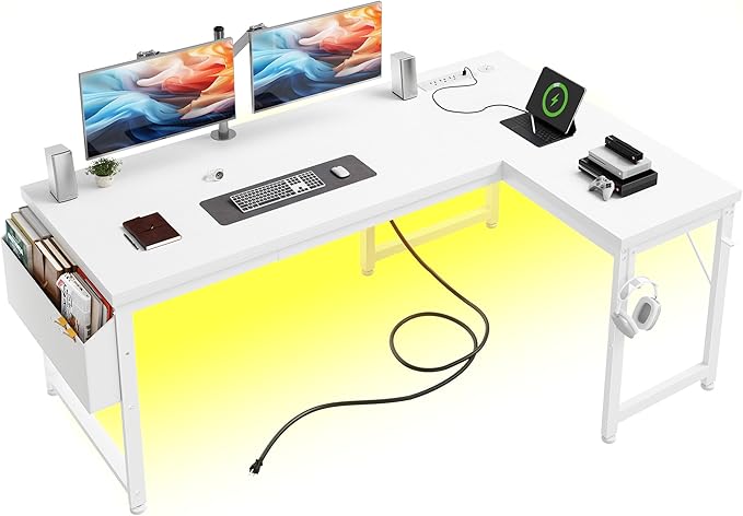 L Shaped Desk with 0.95 Inch Thicker Desktop & Storage Bag, Computer Desk with Power Outlets & Lights, Reversible Gaming Desk for Home Office, Corner Desk, Study Room, Living, Bedroom, White
