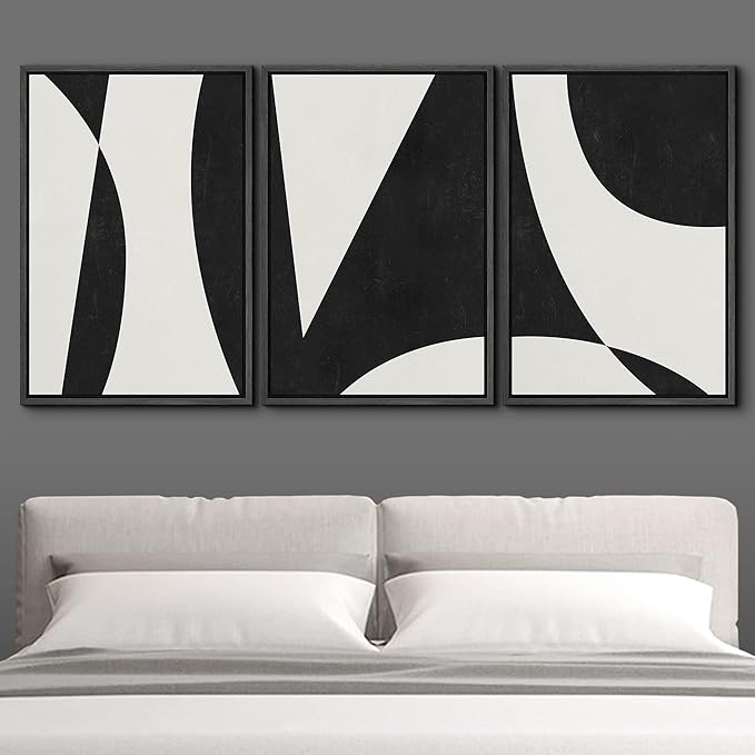 IDEA4WALL Framed Canvas Print Wall Art Set Art Deco Mid-Century Black White Polygons Abstract Shapes Illustrations Modern Art Contemporary for Living Room, Bedroom, Office - 24"x36"x3 Black