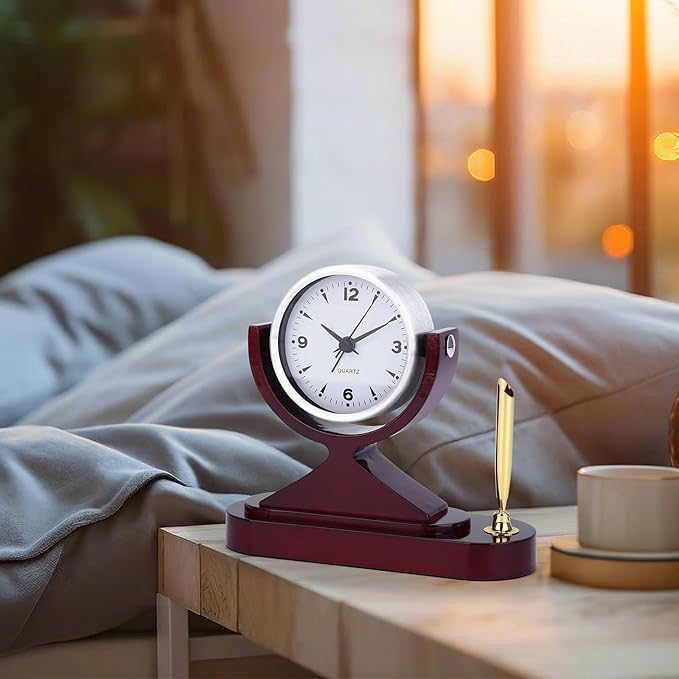Wooden Desk Alarm Clock Battery Operated, Silent Non-Ticking, Adjustable Angle & Pencil Holder | Office, Shelf, Table Decor | Gift for Students, Teachers, Professionals (Home, Desk, Work)