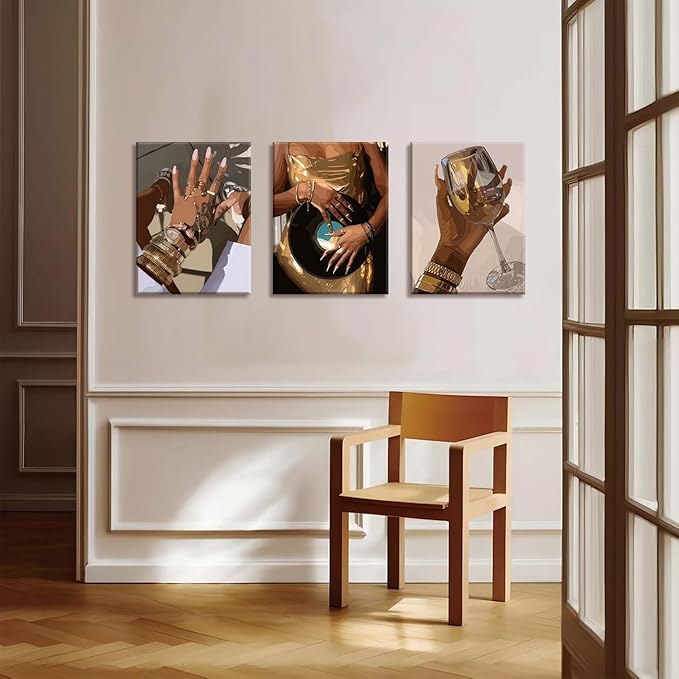 TUEASKY 3 Piece Canvas Wall Art Black Girl Wall Decor Music Record Pictures Paintings Gold Fashion African American Prints Y2K Artwork for Living Room Pop Bar Party