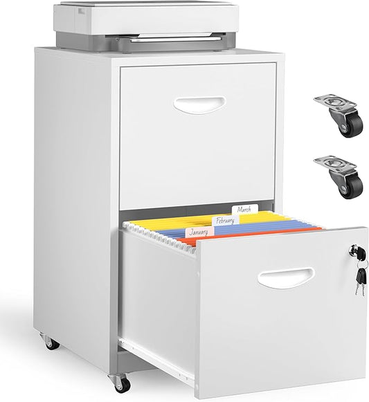 2 Drawer Mobile File Cabinet with Lock, White Metal Filing Cabinets with Wheels, Vertical Rolling File Cabinet Fit Hanging Files, Letter and A4 Documents