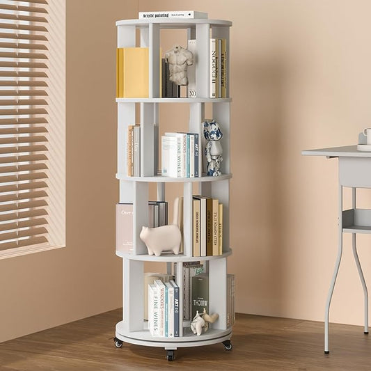 Rotating Bookshelf, 4 Tier Solid Wood Bookshelf Tower with Lockable Wheels, 360° Spinning Revolving Bookcase for Small Spaces, Corners, Bedroom, Kids Room, Home Office, White