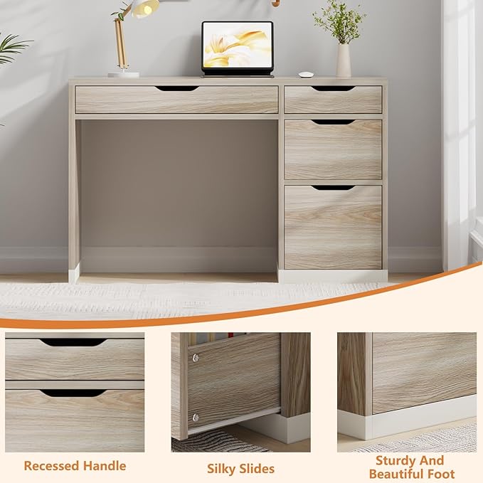 48 Inch Small Desk with Drawers, Computer Desk with Storage File Drawer for Bedroom, Office Desk with Storage for Small Space, Walnut